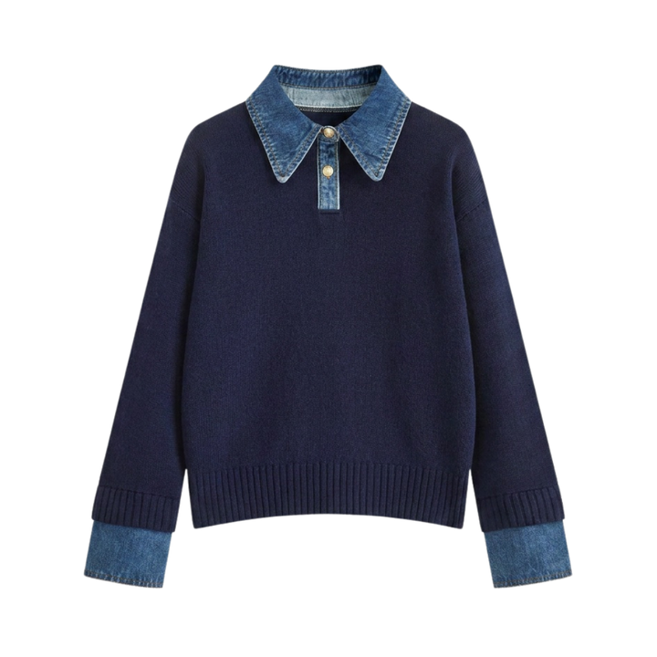 Matilda | Cosy Polo Denim Sleeve 2 in 1 Panel Lapel Sweater