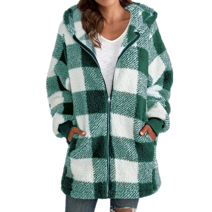 Hannah | Plaid Fleece Long Sleeve Hooded Coat
