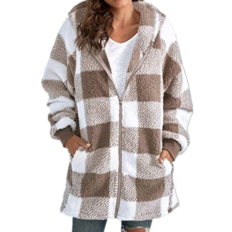 Hannah | Plaid Fleece Long Sleeve Hooded Coat