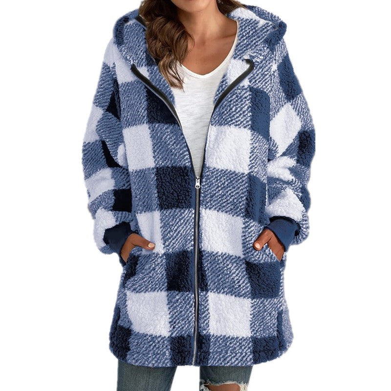 Hannah | Plaid Fleece Long Sleeve Hooded Coat