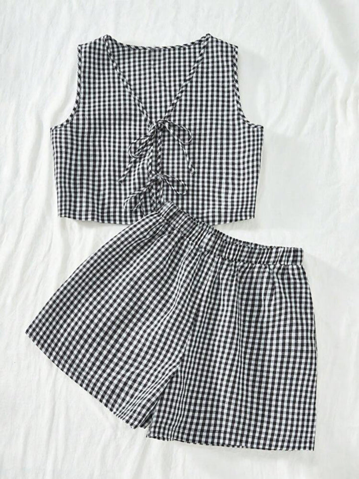 India | 2-Piece Plaid Striped Vest & High-Waisted Loose Shorts