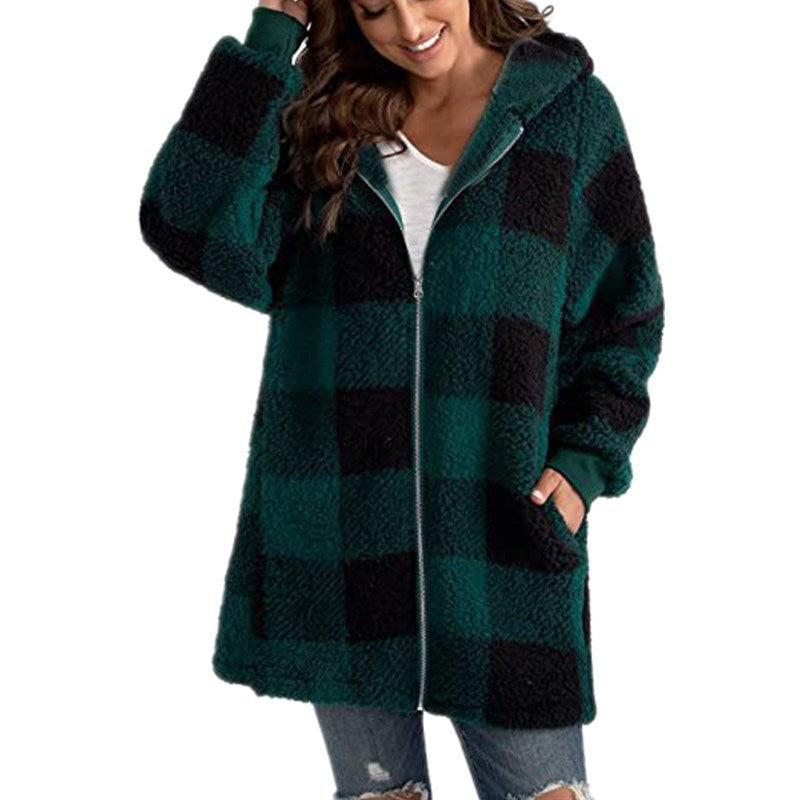 Hannah | Plaid Fleece Long Sleeve Hooded Coat