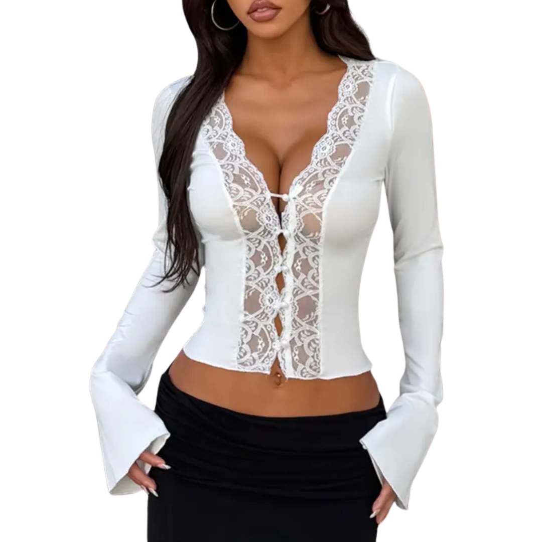 Vanessa | Contrast Lace Button-Front Tee Blouse