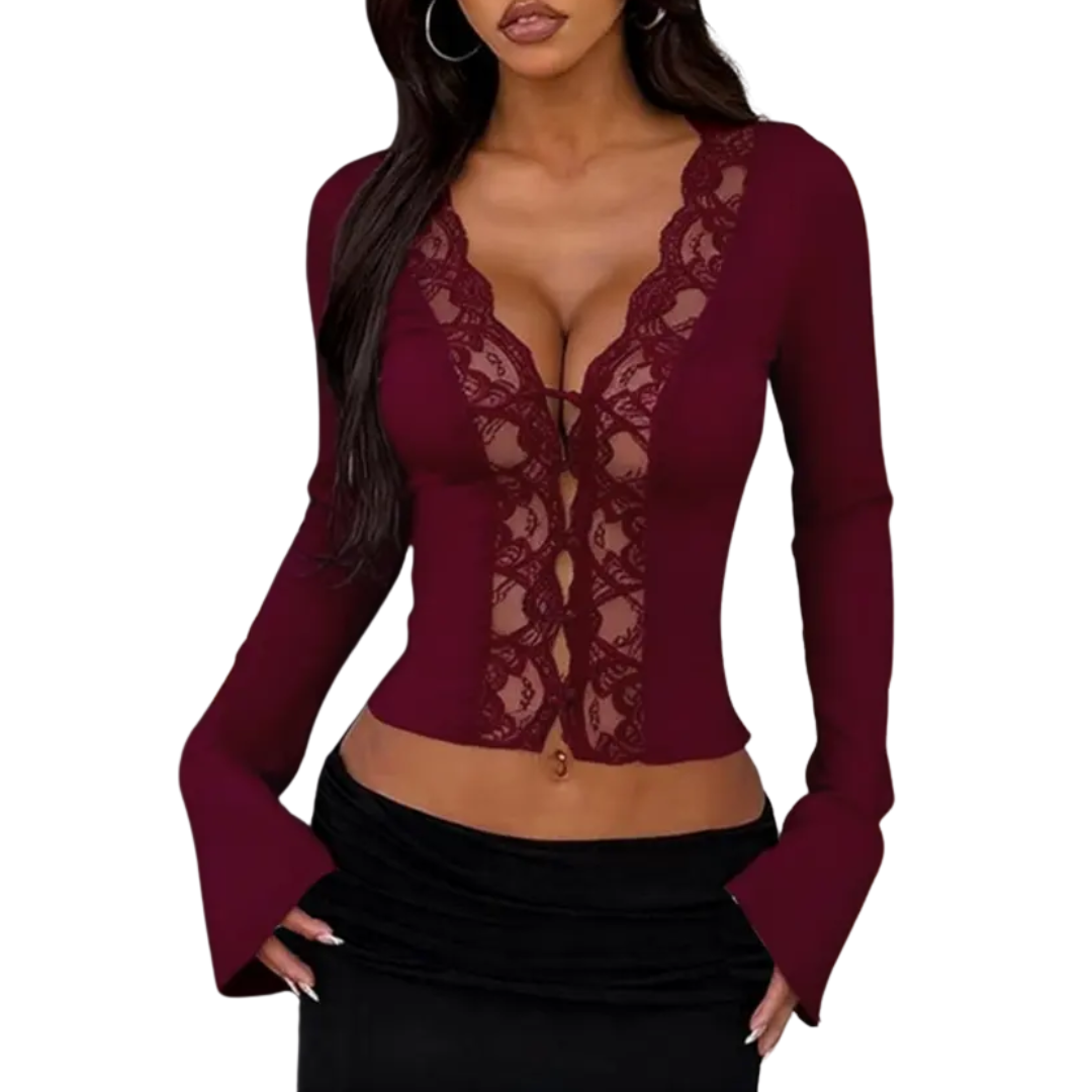 Vanessa | Contrast Lace Button-Front Tee Blouse