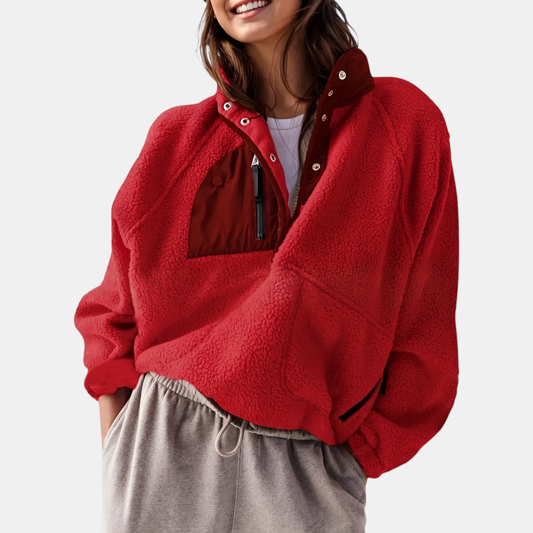 Women's Fleece Stand Collar Zip Up Cropped Jacket with Pockets