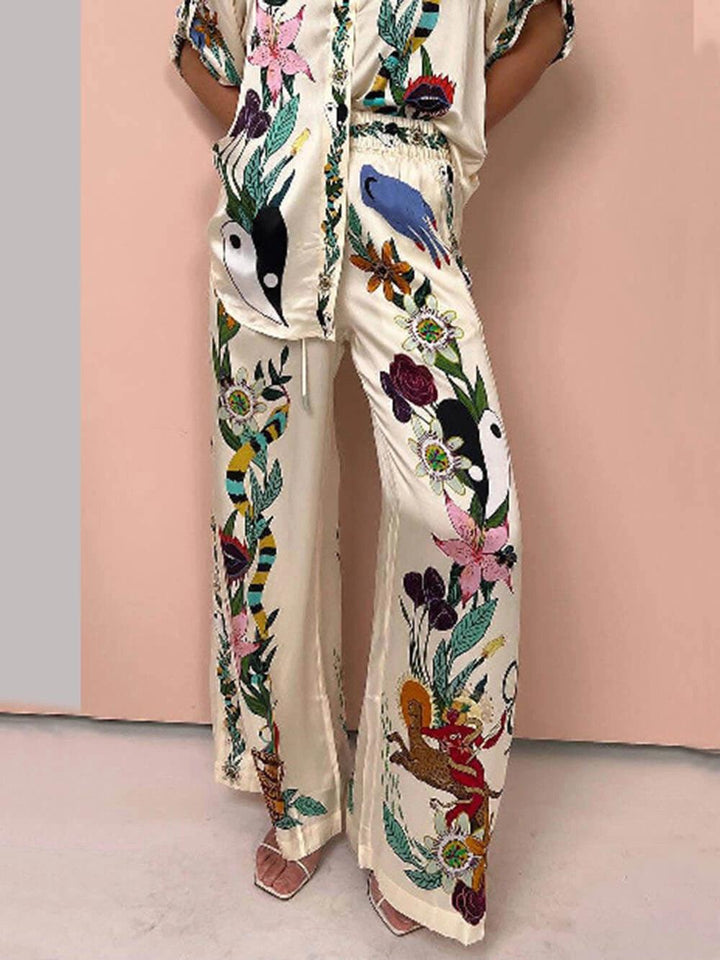 Selma | Satin blouse and pants set with unique print, resort style