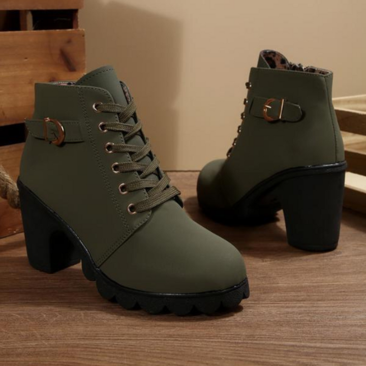 Charlotte | Chic Lace-Up Metal Buckle Chunky Ankle Boots