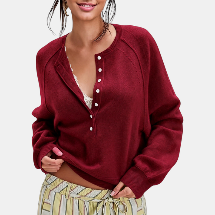 Women's Half Button Henley Neck Ribbed Knit Pullover Sweater