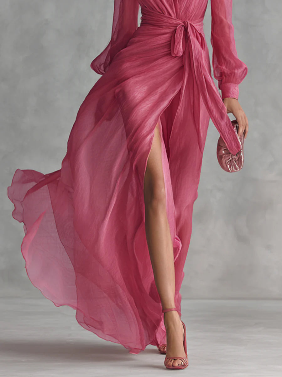 Leah | Long elegant chiffon dress with V-neck and tie waist