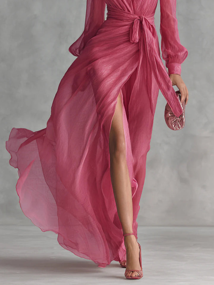 Leah | Long elegant chiffon dress with V-neck and tie waist