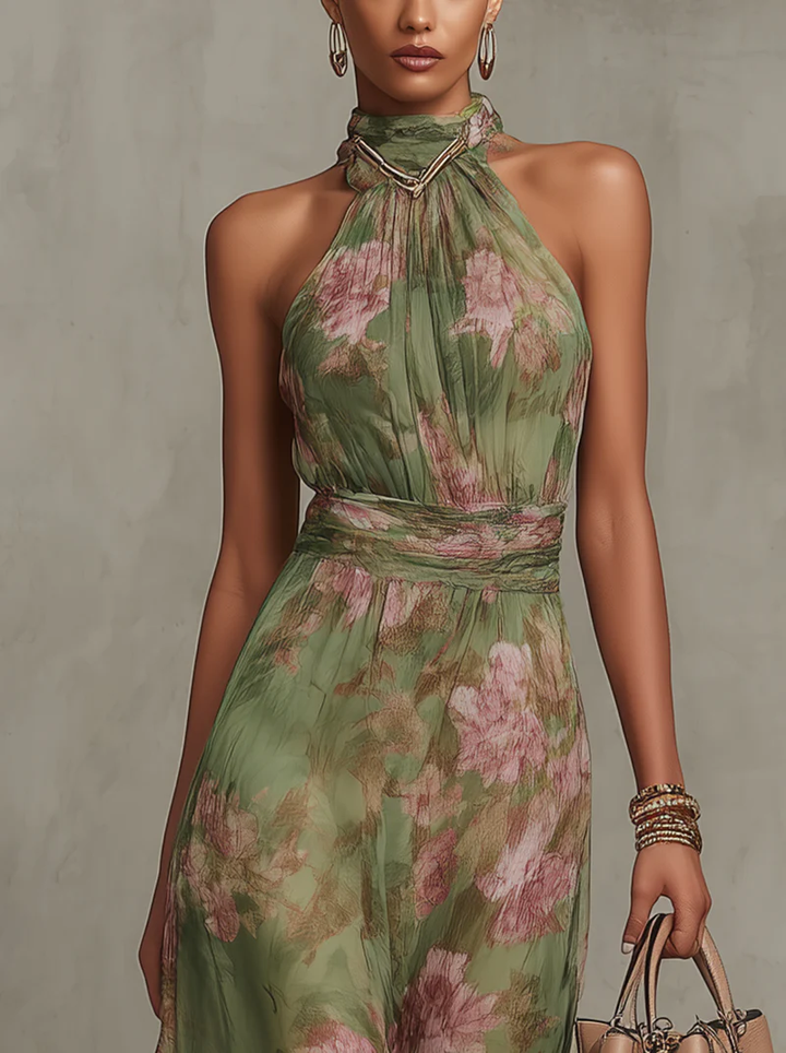 Emma | Maxi dress chiffon with floral pattern green with backless