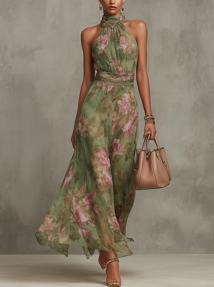 Emma | Maxi dress chiffon with floral pattern green with backless
