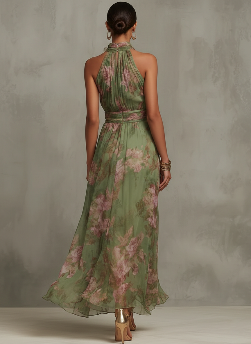 Emma | Maxi dress chiffon with floral pattern green with backless