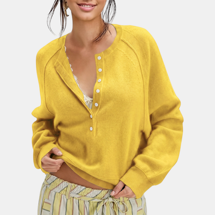 Women's Half Button Henley Neck Ribbed Knit Pullover Sweater