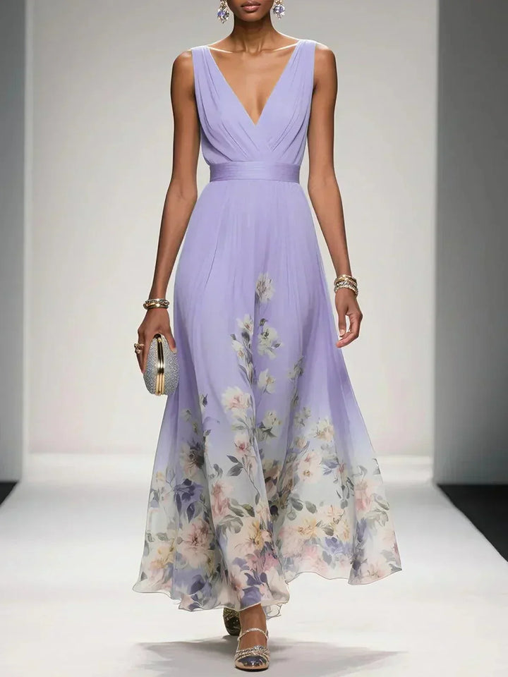 Zoe | Maxi dress made of chiffon with flowers light blue and V-neck