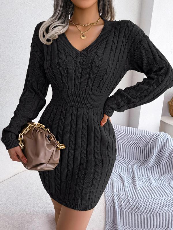 Whitney | Cosy Long Sleeve V-Neck Cable Knit Sweater Dress