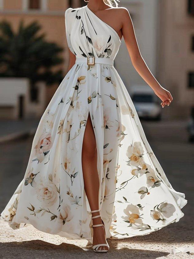 Olivia | Maxi dress chiffon with floral pattern with free shoulders light green
