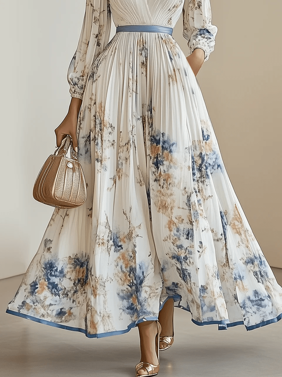 Maya | Maxi dress made of chiffon with a floral pattern in white with voluminous sleeves