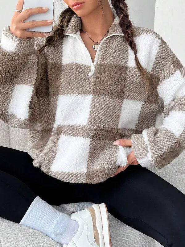 Kylie | Chic Plaid Print Half Zip Long Sleeve Sweater