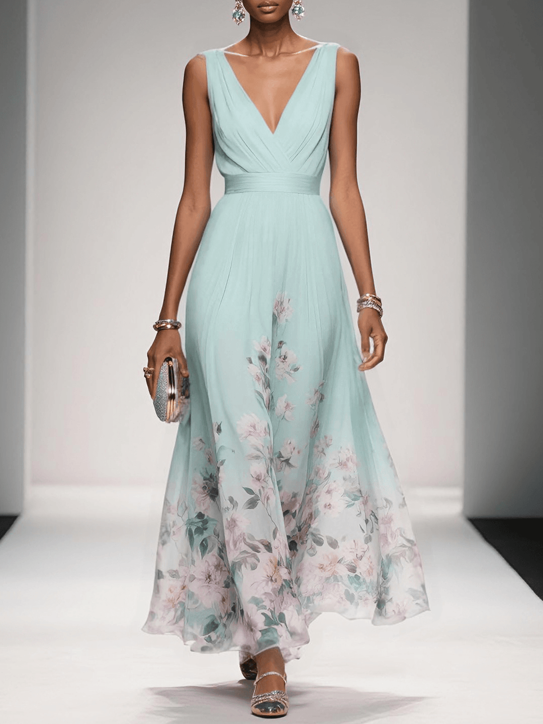 Zoe | Maxi dress made of chiffon with flowers light blue and V-neck